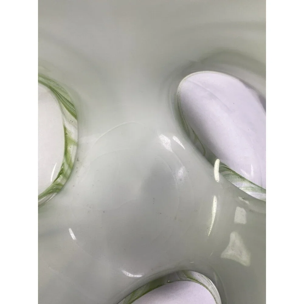 Hand Blown Art Glass Candle Holder Green White Swirl Gold Glitter 7” Tealight